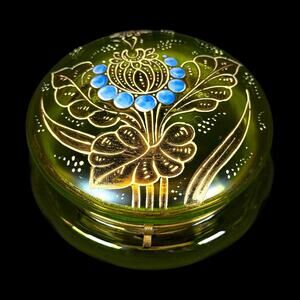 Antique Bohemian Moser Green Glass Trinket/Jewelry Box Gold Enamel Jar